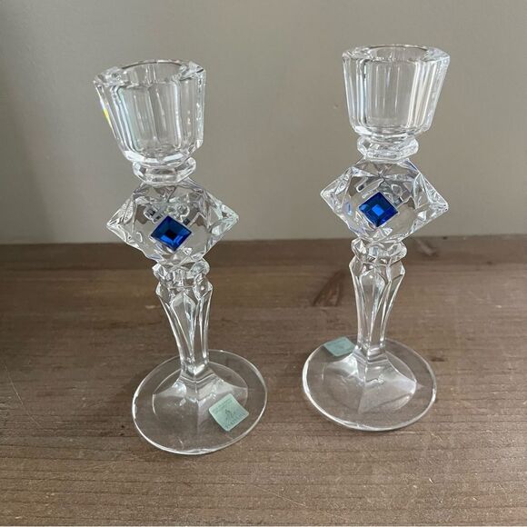 PartyLite Jeweled Crystal Taper Candlestick Pair Sapphire Rhinestones in box - Picture 5 of 6